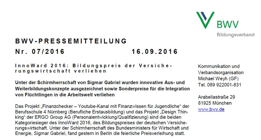 "Innoward"-Bildungspreis 2016: 1. Gewinner ist Projekt "Finanzchecker"