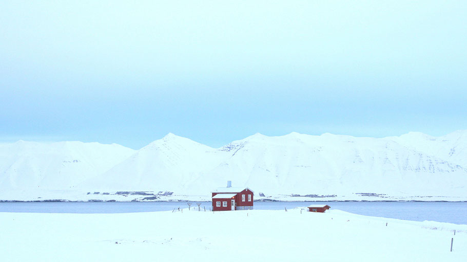 Rotgetäfelte Hütte im Schnee am Meer. Foto von Asgeir Pall Juliusson auf Unsplash.