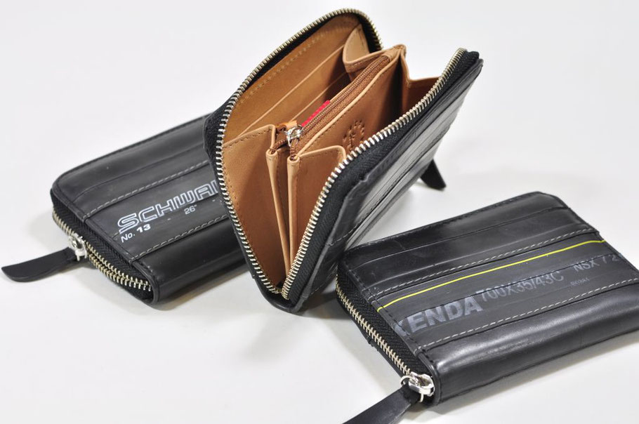 Portemonnaie mit Reißverschluss aus Fahrradschlauch und Leder von Stef Fauser Design.