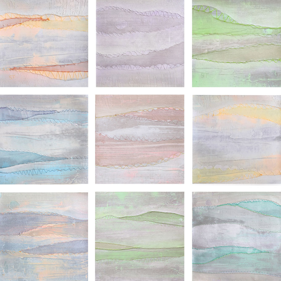 Paysages quasi abstraits monochromes dans des tons de blanc, gris clair et couleurs fluorescentes néon, avec mélange de peinture acrylique couture et tissu pour créer des effets de matière