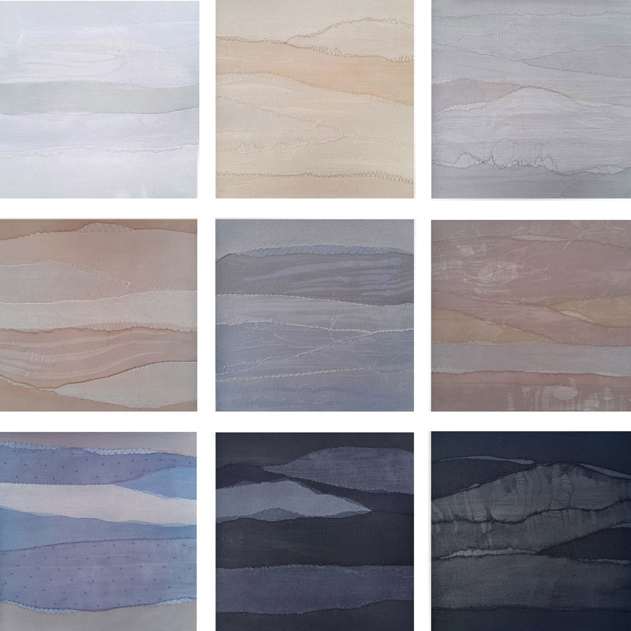 Paysages quasi abstraits monochromes dans des tons de beige, brun, marron, noir, bleu nuit, avec mélange de peinture acrylique et couture et tissu