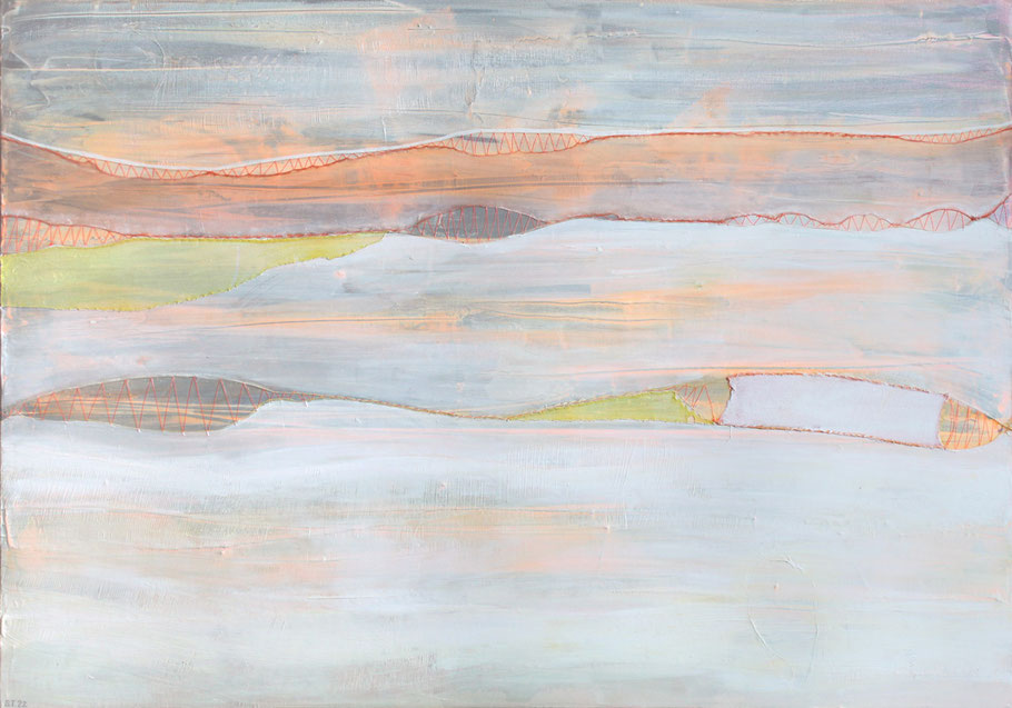 peinture abstraite représentant un coucher de soleil avec de l'art textile et de la couture dans les tons blanc, jaune et orange fluo art contemporain peinture contemporaine paysage