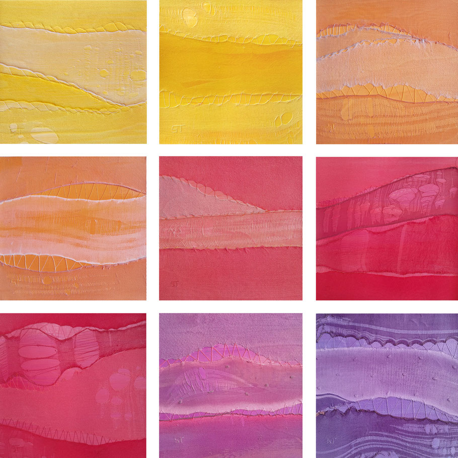 Paysages quasi abstraits monochromes dans des couleurs chaudes jaune orange rouge rose violet, mélange de peinture acrylique couture et tissu pour créer des effets de matière  récupération, recyclage et détournement de collants féminins