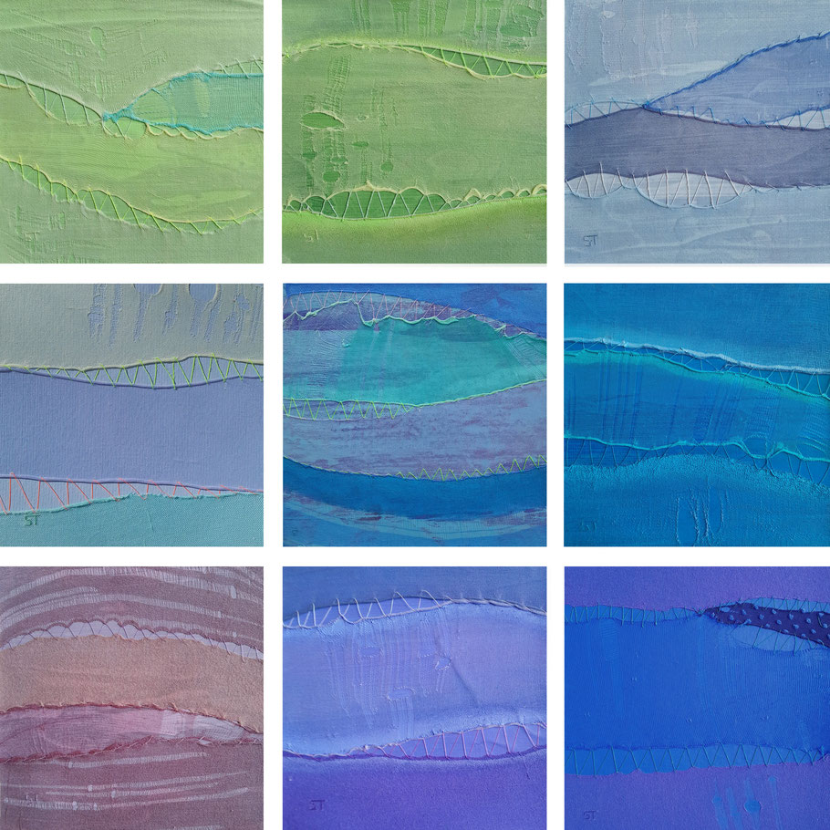 Paysages quasi abstraits monochromes dans des tons froids de vert bleu violet mauve, mélange de peinture acrylique couture et tissu pour créer des effets de matière récupération, recyclage et détournement de collants féminins