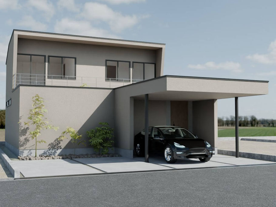 グレーの塗り壁と深い軒のガレージがあるモダンな2階建て住宅のアプローチ