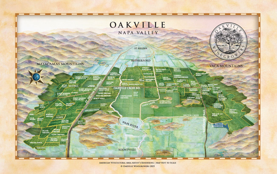 Artist's illustration of a map of the Oakville AVA showing all members wineries and vineyards