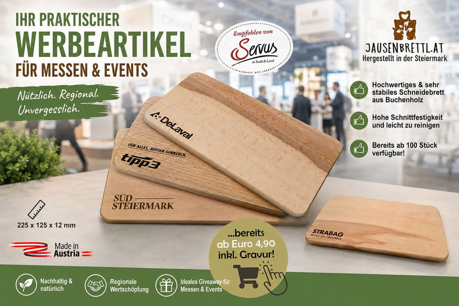 Schneidebretter mit Logo als Werbeartikel aus Holz für Firmen, Messen und Events