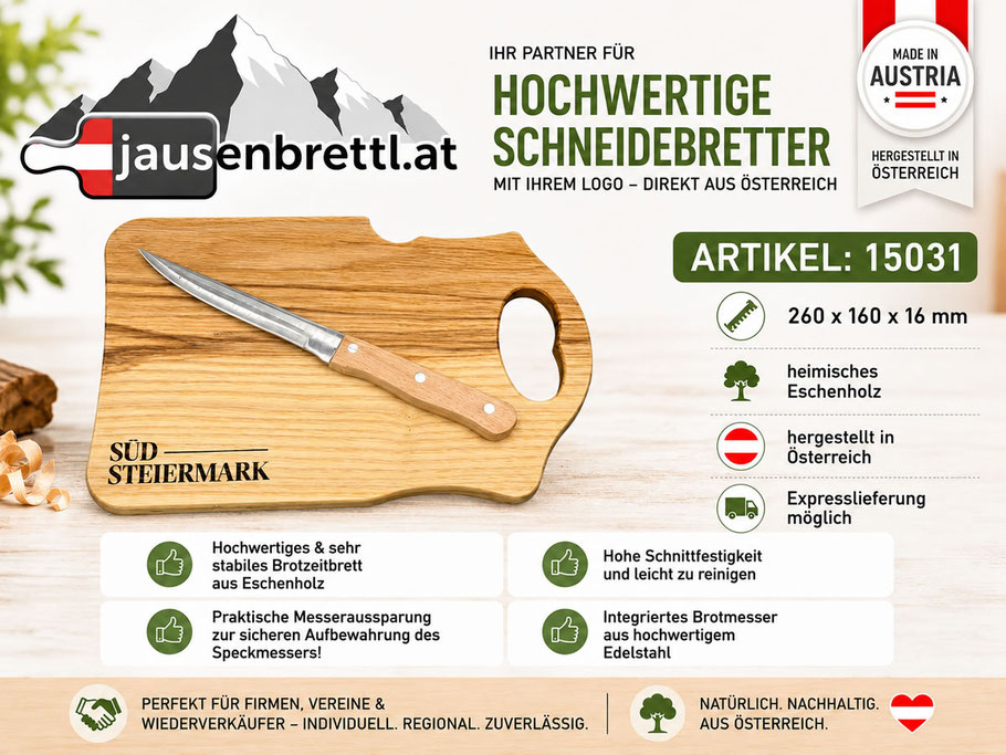 Brotzeitbrett aus heimischem Eschenholz mit integriertem Messer, Grifföffnung und Messeraussparung, 260 x 160 x 16 mm, hergestellt in Österreich