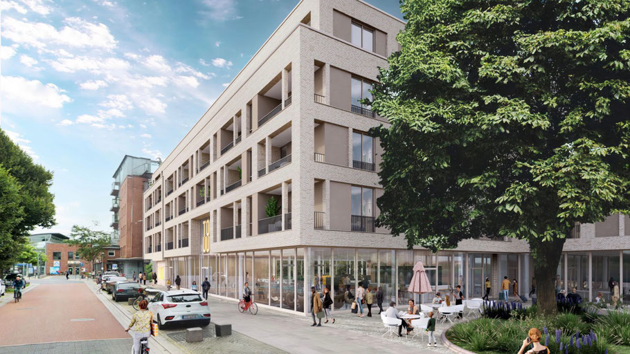 Planbild Außenansicht TO HUUS Richtung Forumsplatz ; Quelle für alle Bilder: prasch buken partner architekten