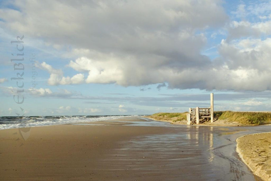 Wellen, die den Strand überfluten mit Dünen in der Abendsonne