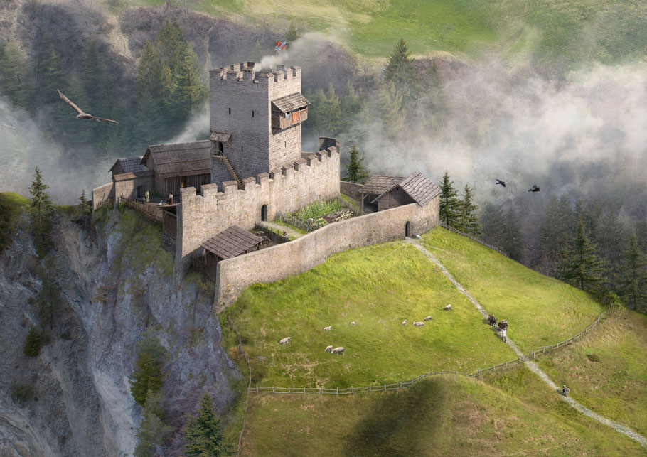 Nivagl: Das ursprüngliche Steinhaus mit aussergewöhnlichem Mauerwerk wurde zwischen 1150 und 1175 mit dem Auftauchen der Freiherren Vaz zu einem Turm mit einer Blendmauer umgestaltet.