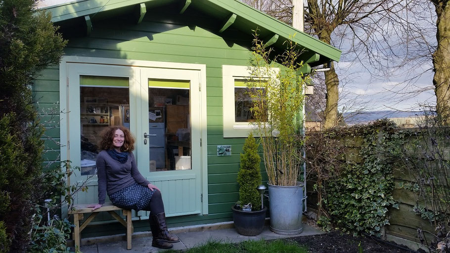 Lucy Gell outside her printmaking studio in High Peak, Derbyshire, UK