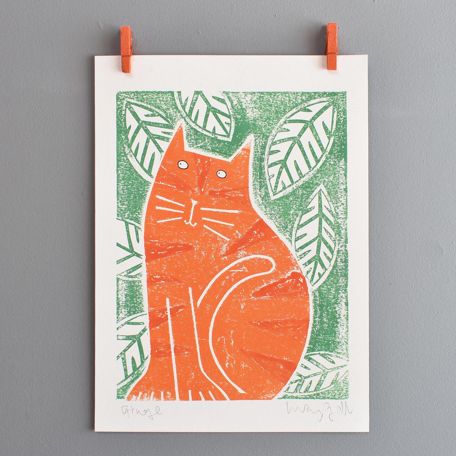 ginger cat monoprint printmaking process