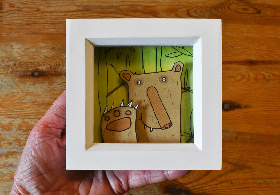 bear in a box frame 3D handmade wall art