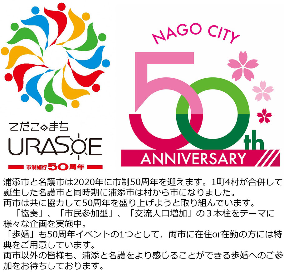 浦添市と名護市は2020年に市制50周年を迎えます。1町4村が合併して誕生した名護市と同時期に浦添市は村から市になりました。 両市は共に協力して50周年を盛り上げようと取り組んでいます。 　「協奏」、「市民参加型」、「交流人口増加」の３本柱をテーマに様々な企画を実施中。 「歩婚」も50周年イベントの1つとして、両市に在住or在勤の方には特典をご用意しています。 両市以外の皆様も、浦添と名護をより感じることができる歩婚へのご参加をお待ちしております。