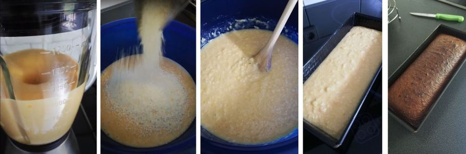 A sequence of five photos showing the dough being mixed in a blender, then in a bowl and the dough in the form before baking, last the cake done