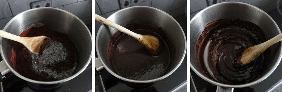 three photos showing a saucepan with the condensed milk being mixed with chocolate powder