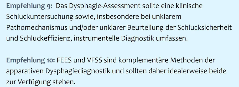 Ausschnitt aus der Leitlinie "neurogene Dysphagie" (DGN und DGD 2020); Abkürzungen: FEES = funktionelle endoskopische Evaluation des Schluckaktes; VFSS = Videofluoroskopie