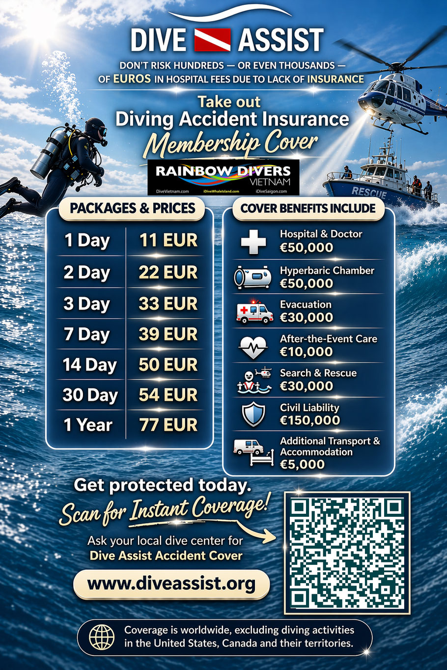 Rainbow Divers Vietnam PADI Scuba Diving Center | Dive Accident Insurance Pricing and Coverage Details Banner