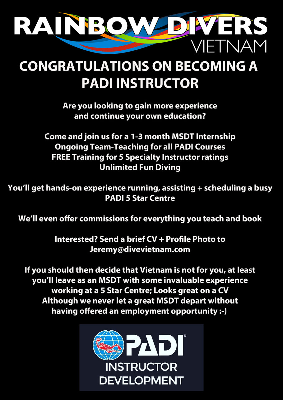 Rainbow Divers Vietnam PADI Dive Center | PADI IDC Congratulations Becoming a PADI Instructor Vietnam Letter Banner