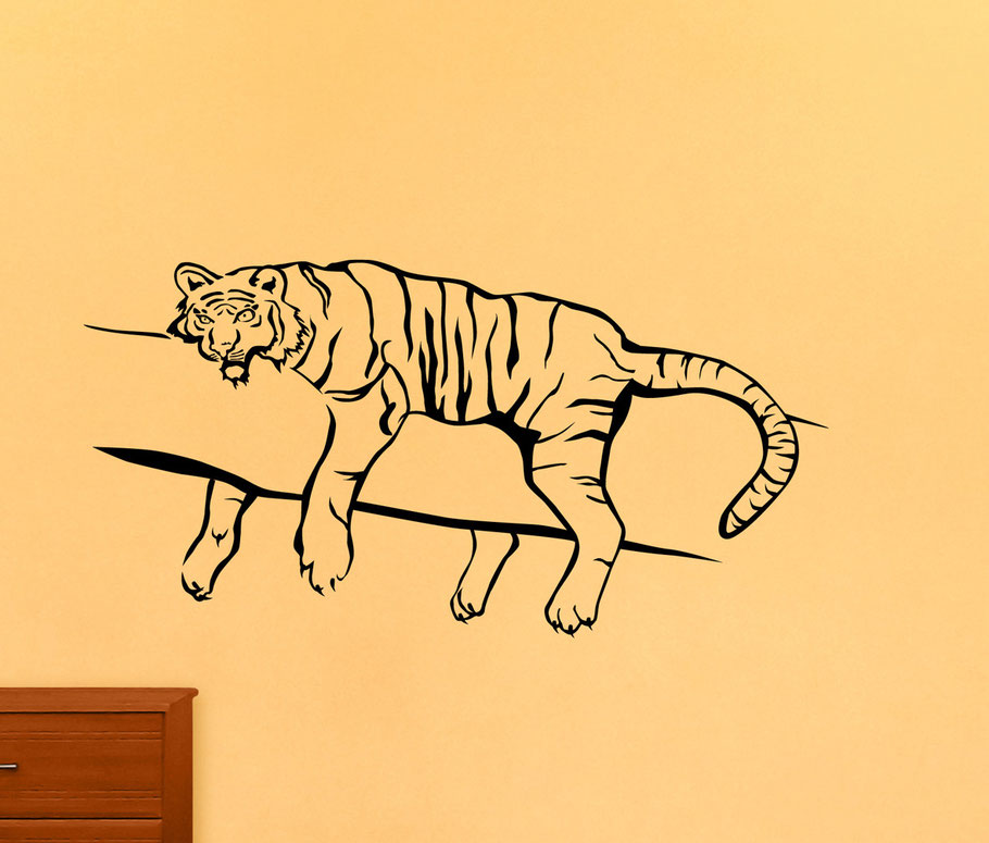 Tiger awake vinyl sticker design on a bedroom wall. Easy to apply and comes in two different sizes with two different design options, tiger one awake or asleep.