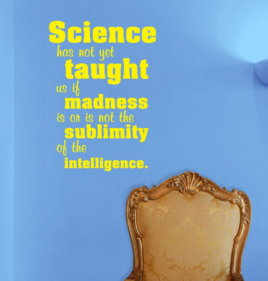 Science has not yet taught us if madness is or is not the sublimity of the intelligence Edgar Allen Poe quote vinyl sticker. Easy to apply to walls and comes in many colours at wallartcompany.co.uk