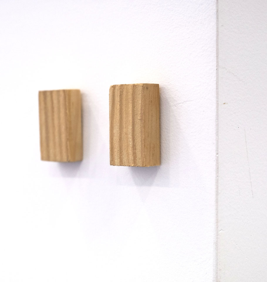 [ WO/D ] Trozos de listón de madera intervenidos reproduciendo a óleo la veta que dicha reproducción oculta. Fotografía de detalle.