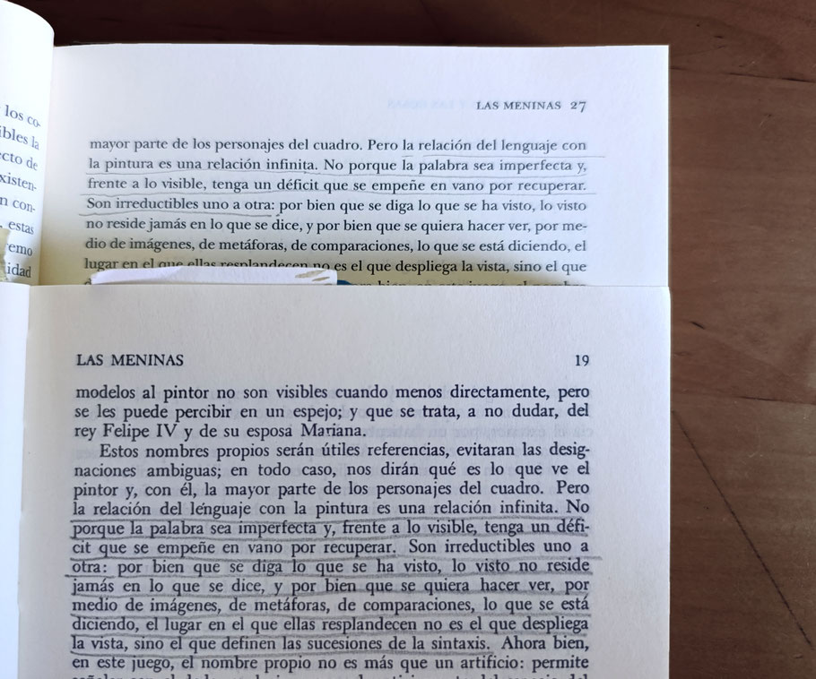 [ Y tus las palabras de otro ] Fotografía de subrayados coincidentes presentes en la copia de Las palabras y las cosas de mi madre y la mía.