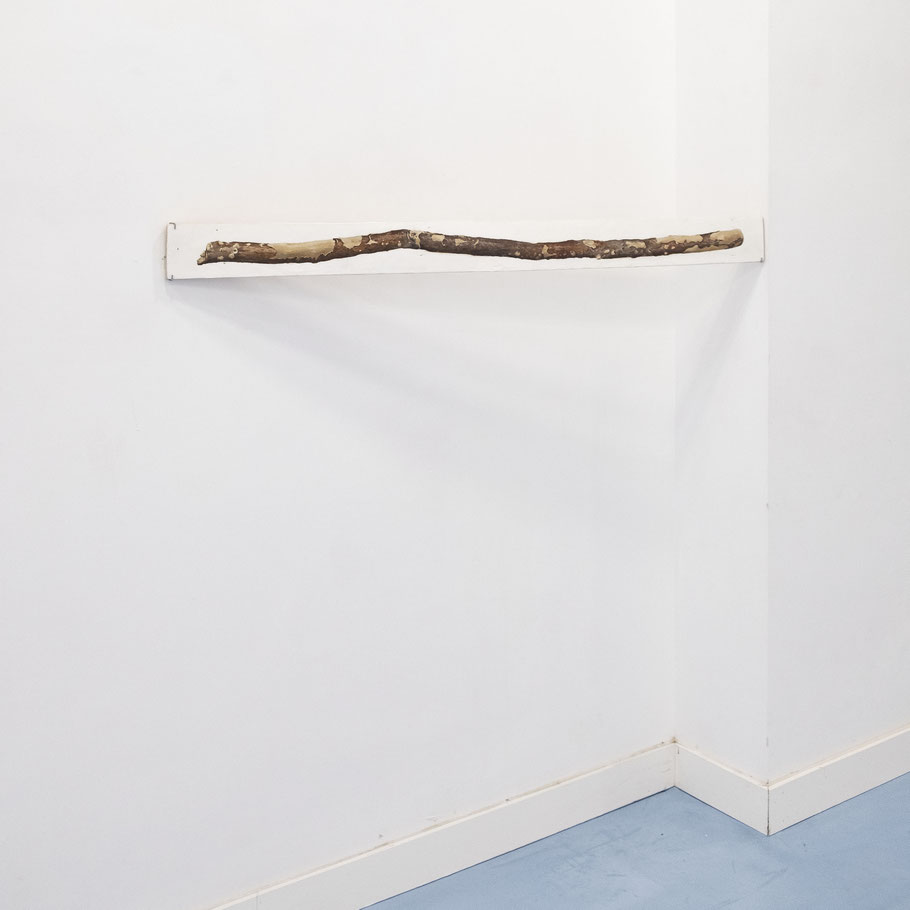 [ Doble simulacro ]  Óleo sobre listón de palé saneado, que por un lado reproduce un palo recogido en el campo, y por el otro la veta original del soporte. (2024)