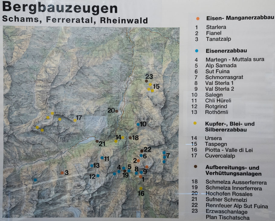 Übersicht über den Bergbau im Schams, Standorte der Bergbauzeugen Schams Ferrera Rheinwald