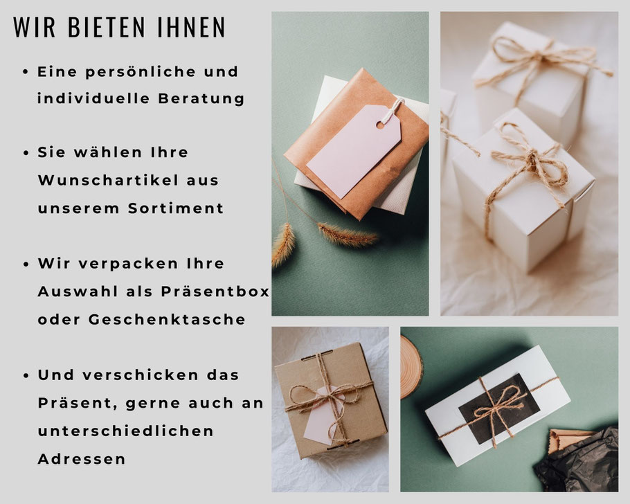 Wir bieten einen individuellen Geschenke Service an und verschicken an Ihre Wunschadresse