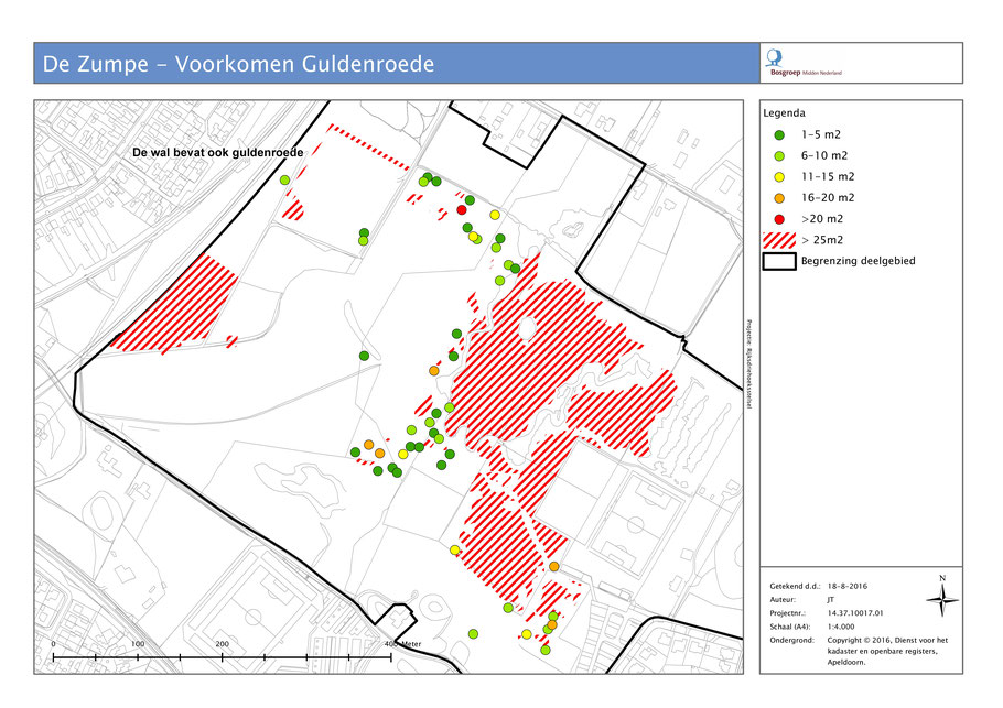 Kaart met uitvoeringsplan voor de bestrijding van Guldenroede in deelgebied 1. Guldenroede is een exoot die o.a. in natuurterreinen gaat woekeren en grote terreindelen in beslag neemt. In de Zumpe is de soort niet tot de natste delen doorgedrongen. 