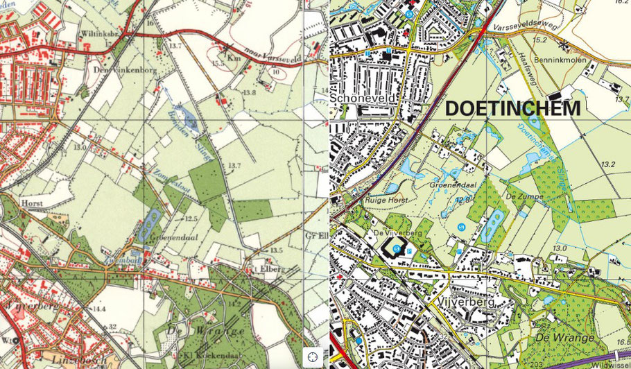 Vergelijking van aanwezige waterpartijen in de Zumpe. Links de topografische kaart van 1975 en rechts die van 2021. In 1975 drie waterpartijen, in 2022 18 waterpartijen.