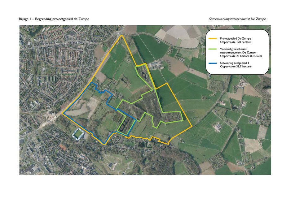 Het projectgebied de Zumpe in totaal 120 ha, waarvan intussen ca. 40 ha zijn gerealiseerd. Gemeente Doetinchem heeft deze terreindelen van de voedselrijke toplaag ontdaan en enige 'vennen' laten ontstaan.