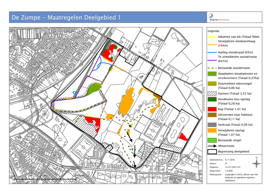 Kaart met uitvoeringsplan voor de bestaande begroeiing in deelgebied 1. 