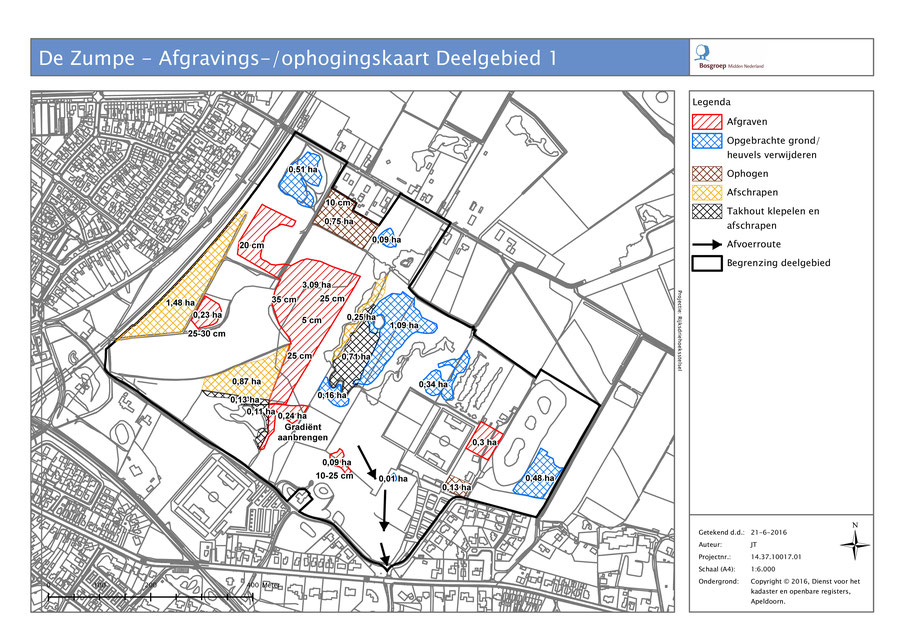 Kaart met uitvoeringsplan voor de grond in deelgebied 1. 