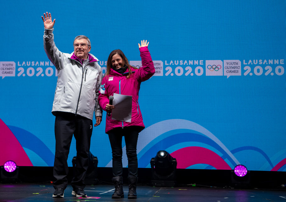 Thomas Bach président du CIO et Virginie Faivre, présidente du comité d'organisation Lausanne 2020 © OIS/Joel Marklund