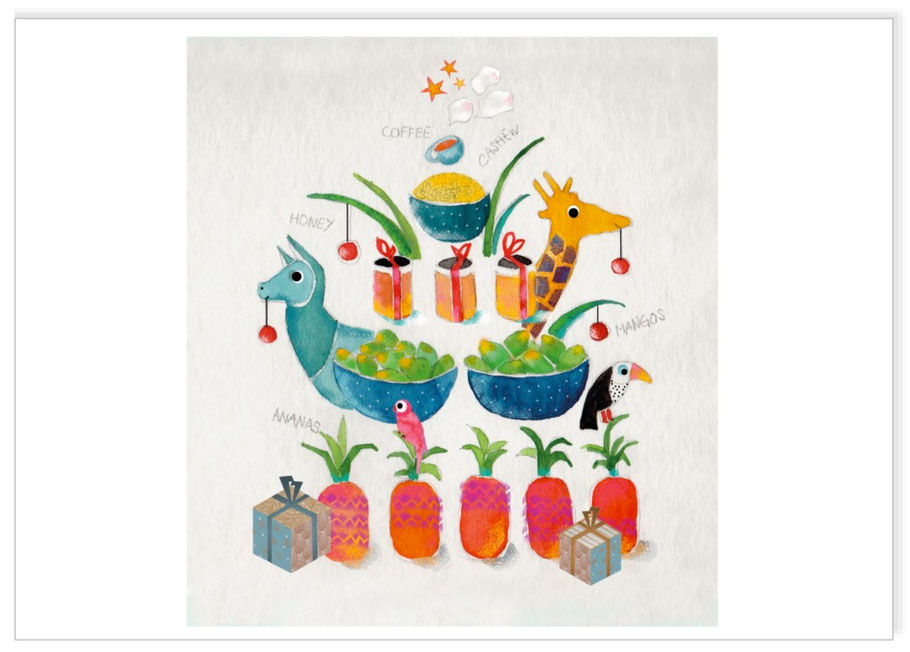 Helvetas Karte 2016, "Fair Schenken", "Faire cadeau", produits du sud, illustration Marlyse Flückiger, Marlyse Flueckiger