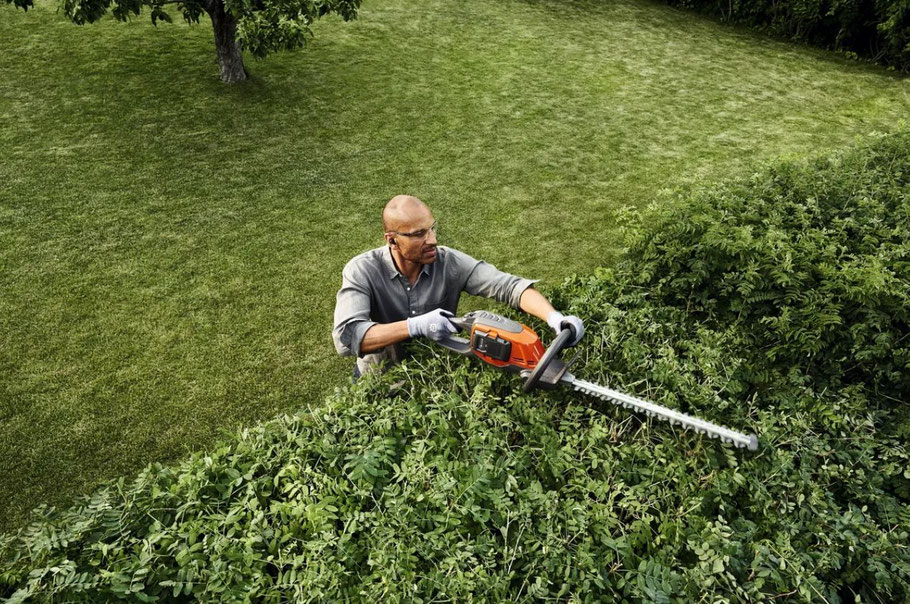 Akku Heckenschere im Einsatz bei einer Hecke