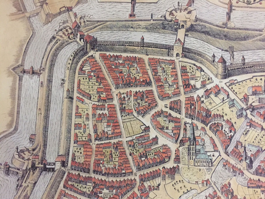 Alerdinck: Ausschnitt Stadtplan von 1636 - oben links das Jüdefeldertor mit der Jüdefelderstraße, oben rechts das Kreuztor mit der Kreuzstraße - 6222.284.15