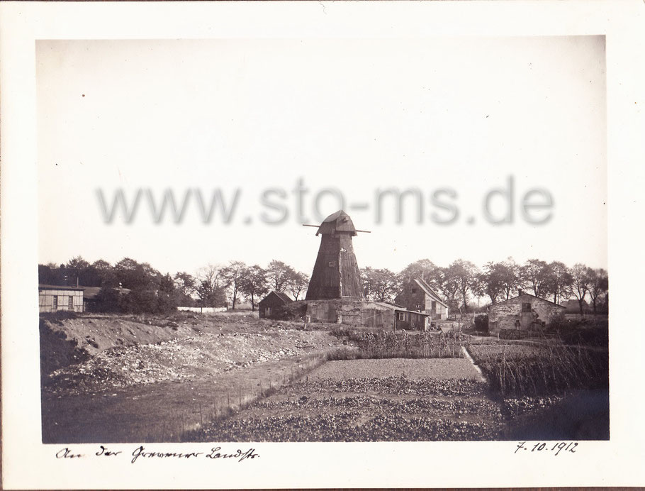 Die Eschmühle 1912. Im Hintergrund die Grevener Straße. Aufnahme Prof. Geyser