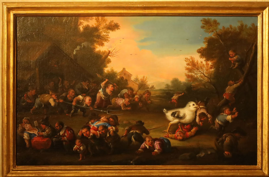 Bocchi Faustino - Caccia al pulcino in un villaggio di Nani - dipinto sec. XVIII