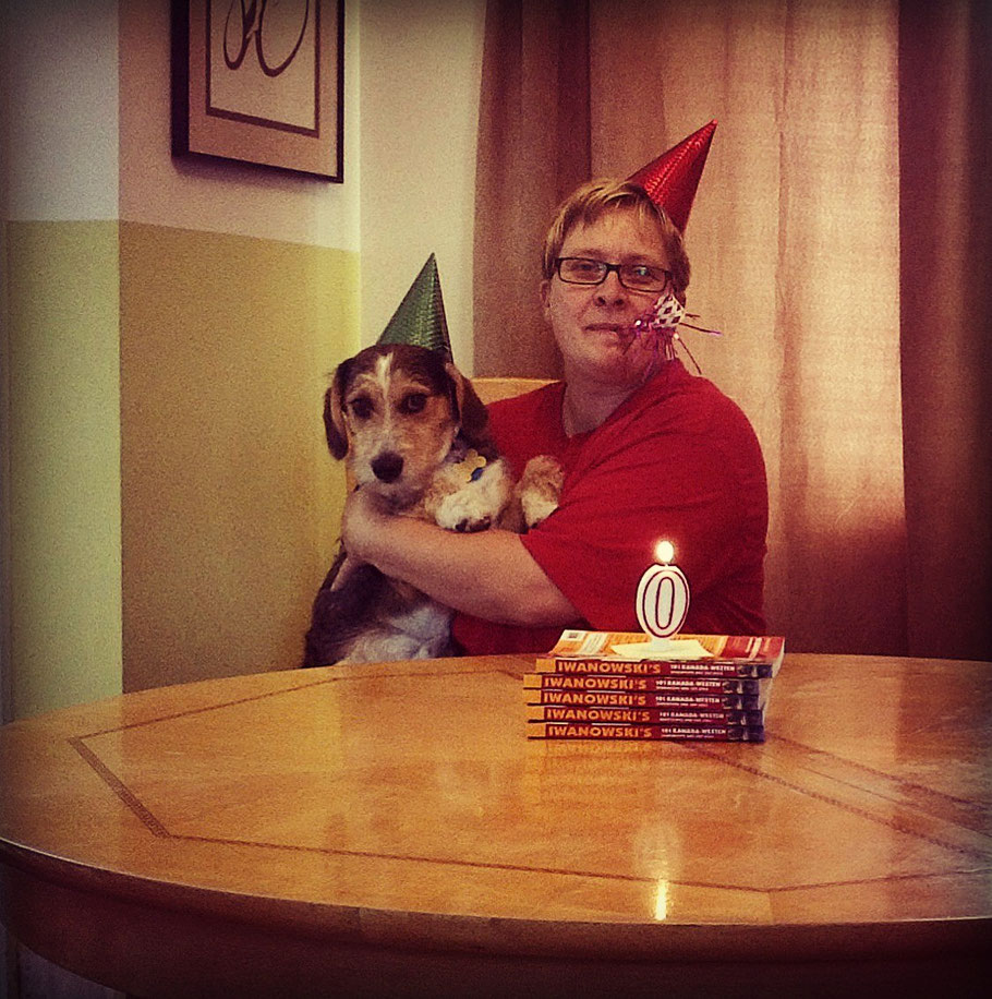 On the last day of my countdown to freelance, August 31, 2013. Dog was not really cooperating in this epic moment. Sheesh.