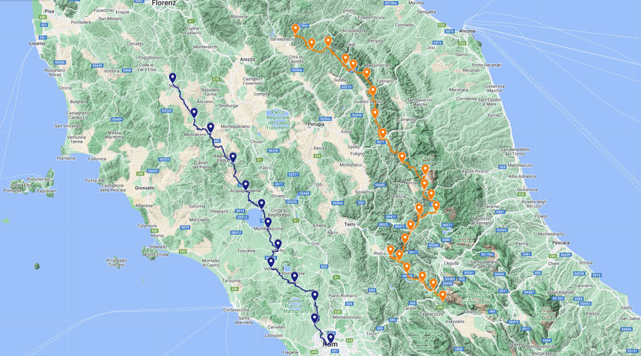  blau: meine E1' Route (13 Etappen); orange: E1-Orginalroute (21 Etappen)