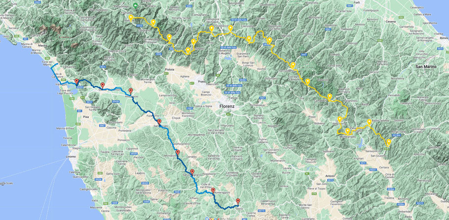blau: meine geplante E1' Route (8 Etappen); gelb: E1-Orginalroute (15 Etappen)