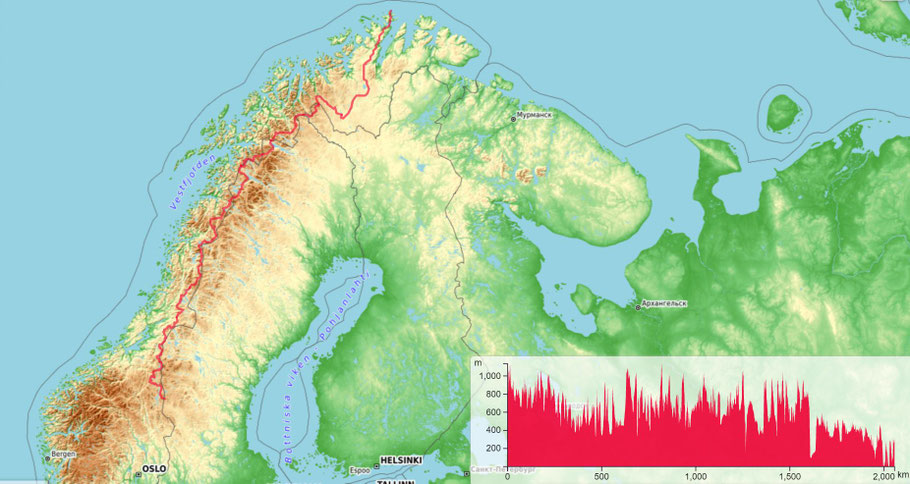 die Route des E1 durch Norwegen ist 2000km lang (auf Basis der OpenTopoMap online)