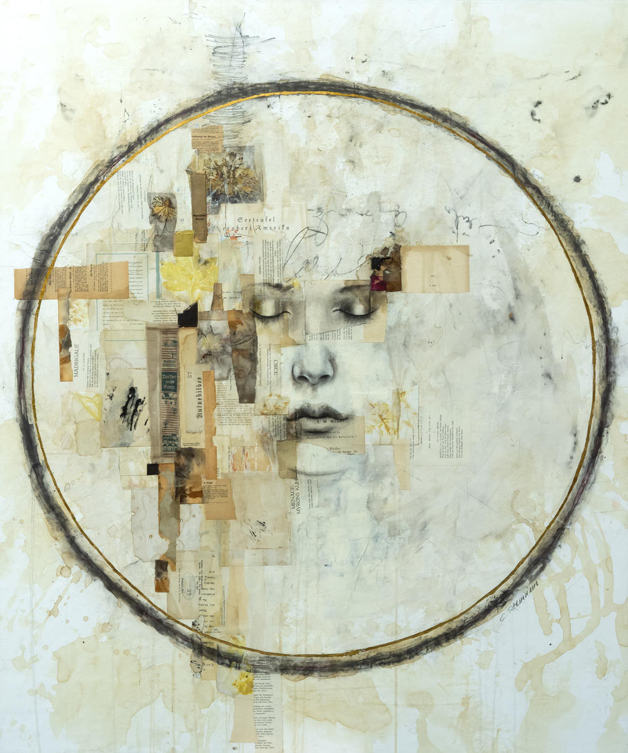 © Conni Altmann, "Seeteufel erobert Amerika", Mixed Media mit etwas goldenem Schlagmetall auf Sperrholz, ca. 100 x 120 x 2 cm