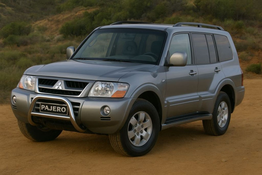 Mitsubishi Pajero 4 porte del 2000 con paraurti anteriore rinforzato e colore grigio metallizzato.