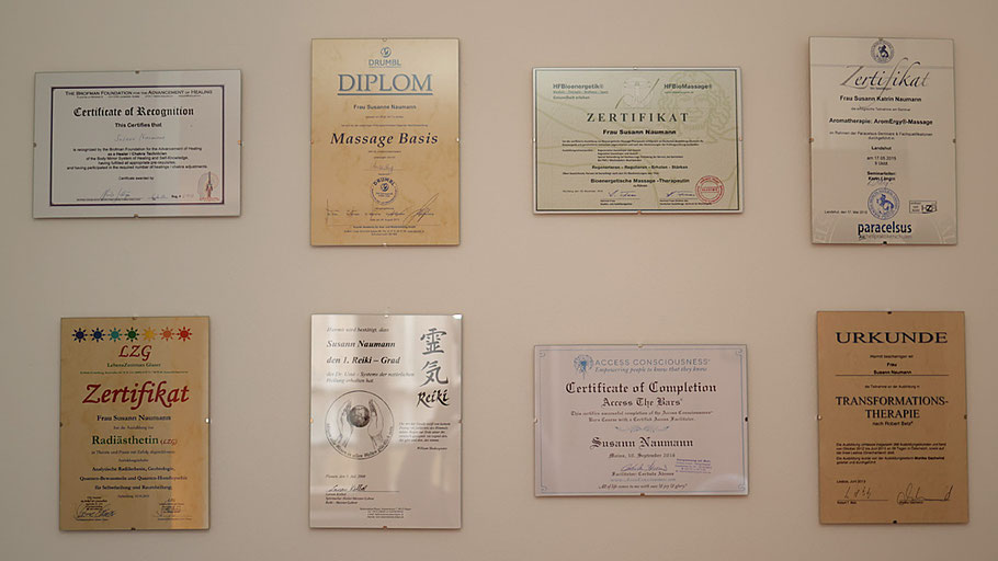 Diplome, Urkunden und Zertifikate von Susanns bisherigen Ausbildungen