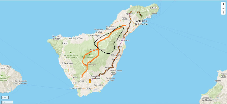 Unser alternative Weg in Teneriffa; der Weg in oranger Farbe ist der GR131, schwarz eingekreist ist das durch einen Waldbrand im Sommer 2023 gesperrte Gebiet